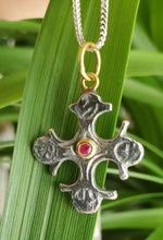 Load image into Gallery viewer, Prehistoric Works Sterling Silver Byzantine cross with a ruby in 24K