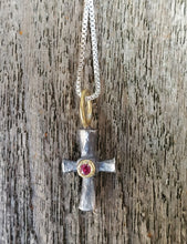 Load image into Gallery viewer, Prehistoric Works Sterling Silver Byzantine Cross w/Ruby 24K Gold