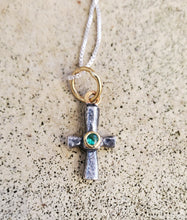 Load image into Gallery viewer, Prehistoric Works Sterling Silver Byzantine Cross w/Emerald set in 24K Gold