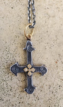 Load image into Gallery viewer, Prehistoric Works Sterling Silver & 24K gold Byzantine cross w/diamonds