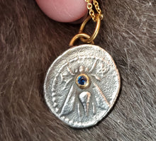Load image into Gallery viewer, Prehistoric Works Oxidized sterling silver & Sapphire Ephesus Coin