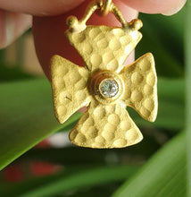 Load image into Gallery viewer, Prehistoric Works 24K  Gold Maltese Cross with a Diamond set in 24K Gold
