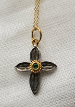 Load image into Gallery viewer, Prehistoric Works 24K &amp; Sterling Silver Flower Cross/Emerald
