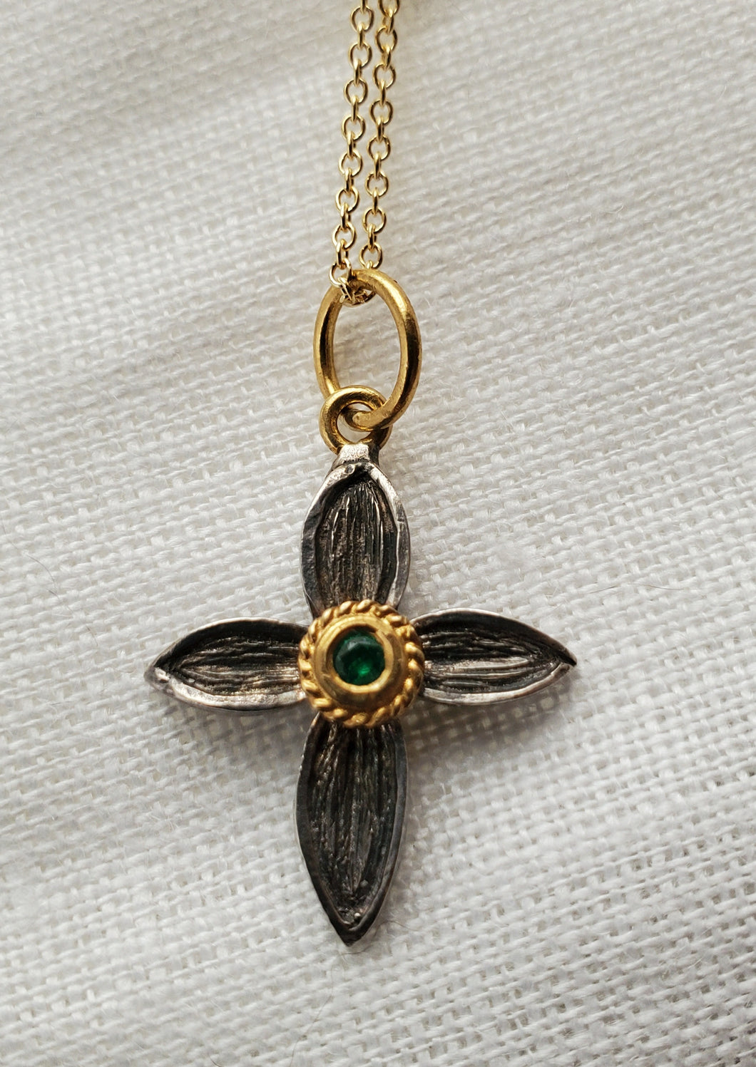 Prehistoric Works 24K & Sterling Silver Flower Cross/Emerald